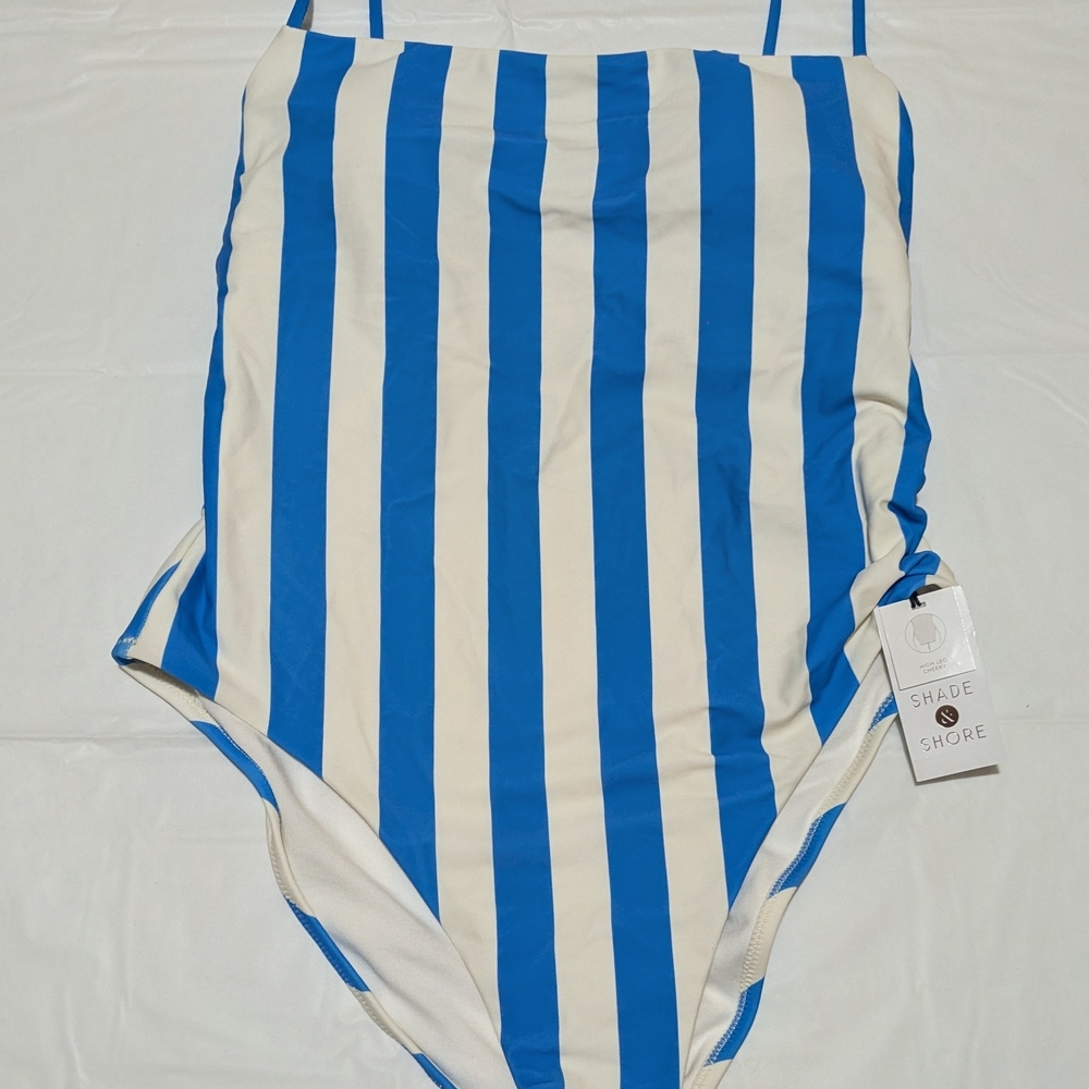 Shade & Shore Blue and White Striped One-Piece Swimsuit Size Medium 8-10